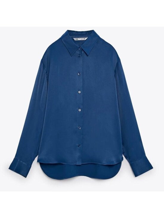 Zara Tops - Zara Blue Button-Up Collared Long-Sleeve Shirt